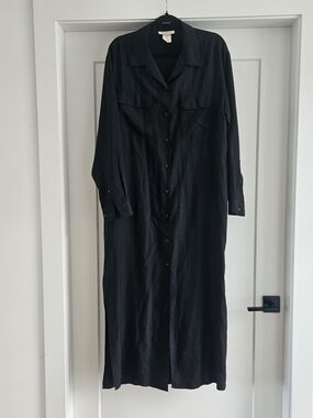 ​GO SILK Black 100% Washable Silk Utility Maxi Shirt Dress Sz Medium Minimalist